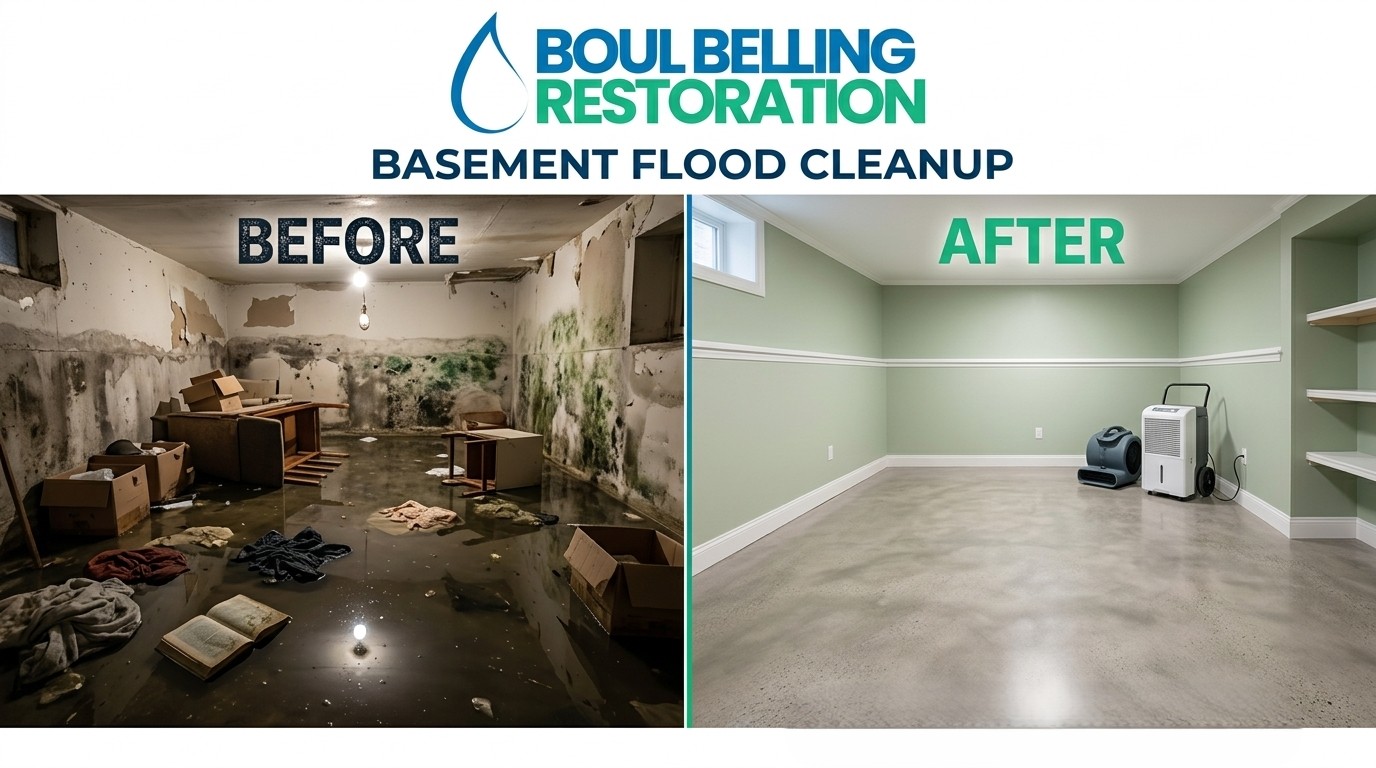 Before and After Basement Flood Cleanup in Boul Belling Restoration Bellingham WA